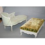 Antique painted French style chaise longue and upholstered top centre stool 150 W x 80 H x 60 D