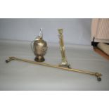 Quality Regency three column lamp (as found) with brass hand rail and oriental brass lamp. (3 items)