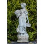 Stone life-size figure of a young girl with a basket of flowers 40W 140H