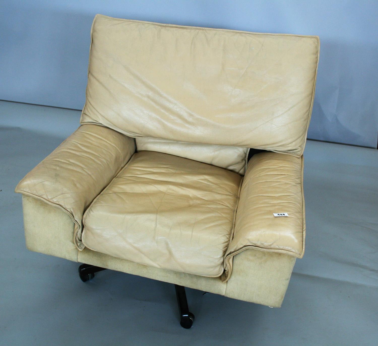 Mid century swivel leather and velvet arm chair. 95W x 90H x 90D - Image 2 of 4