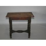 17th Century oak side table of rectangular form on barley twist supports 80 W x 70 H x 49 D