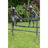 Fine quality life-size bronze sculpture of children climbing a rustic fence 200W 180H