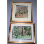 Jose Irwin two gold framed watercolours - "Spring Trees" 48W x 38H and "Winter Trees" 43W x 46H.