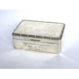 Rectangular silver cigarette box with Celtic design border. Measurements: 5 ¼” X 3 ½”. Birmingham