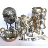 Miscellaneous lot – Two silver plated mugs, sugar caster, milk jug, bowl, vase, embossed eggery,