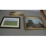 Framed hunting print, oil on canvas in gilt frame and oil on canvas signed Herman. (3 items)