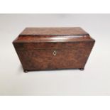 Rare 19th C. burr yew wood tea caddy with fitted interior 28 cm H x 32 cm W x 16 cm D