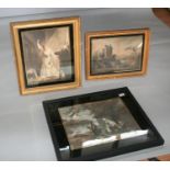 Three Edwardian prints, two in gilt frames with black glass mounts. 70W x 59H