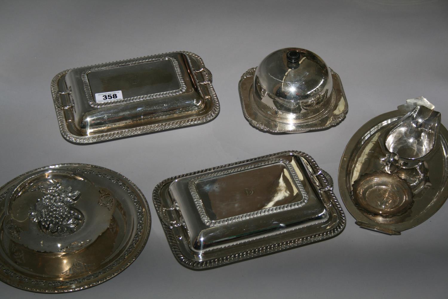 Pair silver plated entree dishes, silver plated muffin dish and other silver plated items. - Image 2 of 2