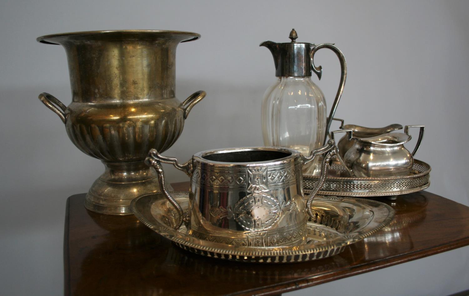 Silver plated ice bucket, Art Nouveau silver plated and glass claret jug and other silver plated