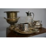 Silver plated ice bucket, Art Nouveau silver plated and glass claret jug and other silver plated