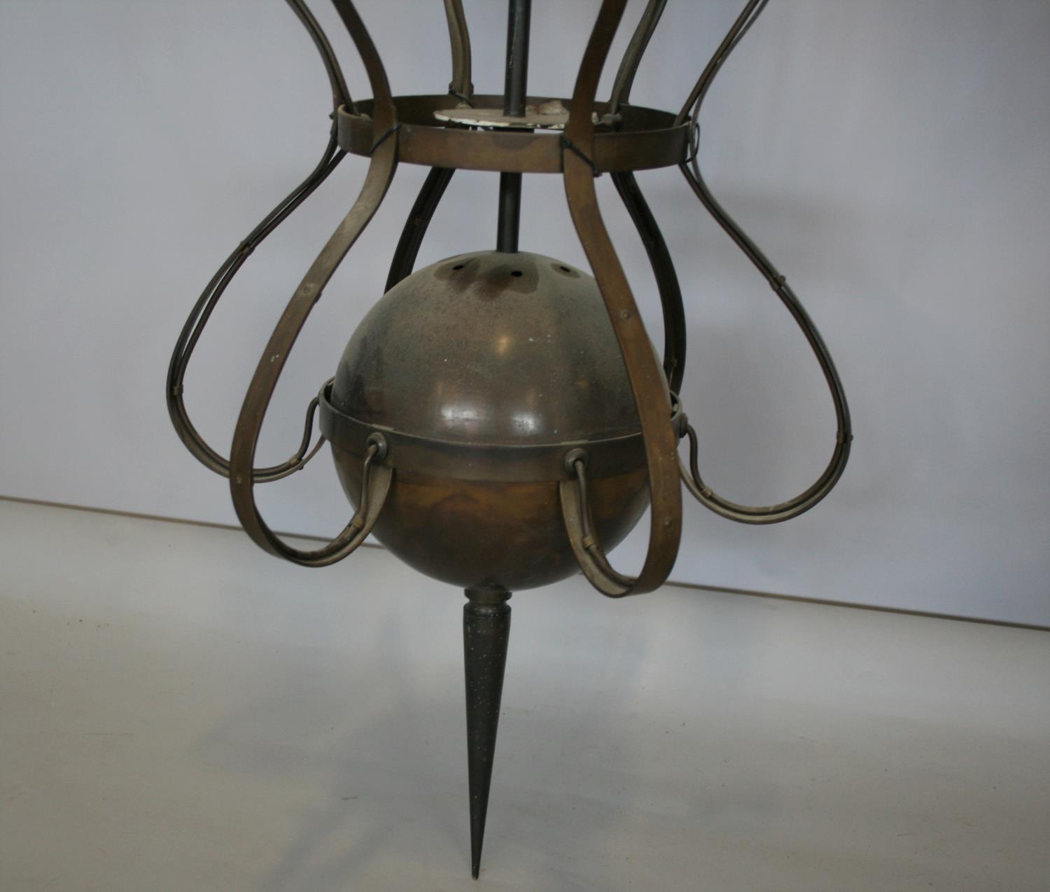 Unusual patinated medieval style centre light with parchments shades. 50W x 220H - Image 2 of 3