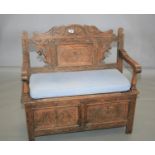Victorian oak hall bench with lift top seat, including cushion. 102W x 101H x 50D