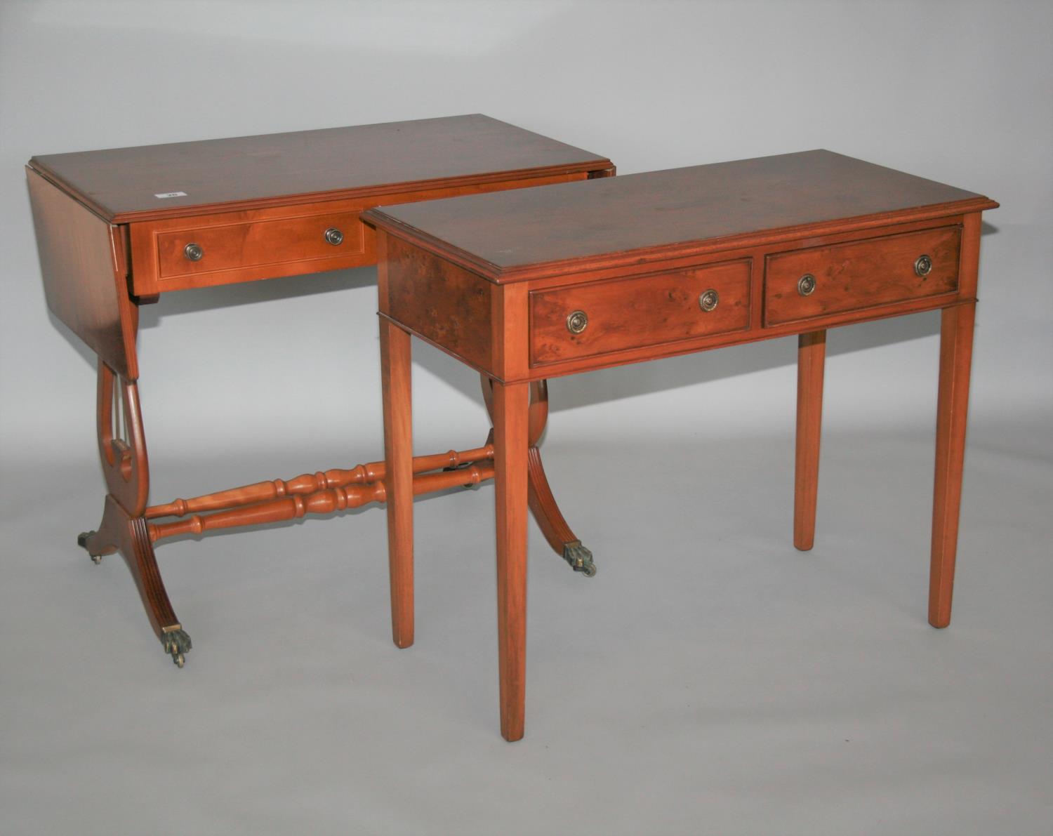 Yew wood sofa table and matching side table with two drawers 90 W x 75 H x 50 D and 90 W x 75 H x 45