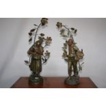 Very fine pair of bronzed lamps in the form of man and woman figures standing on rocky bases. Signed