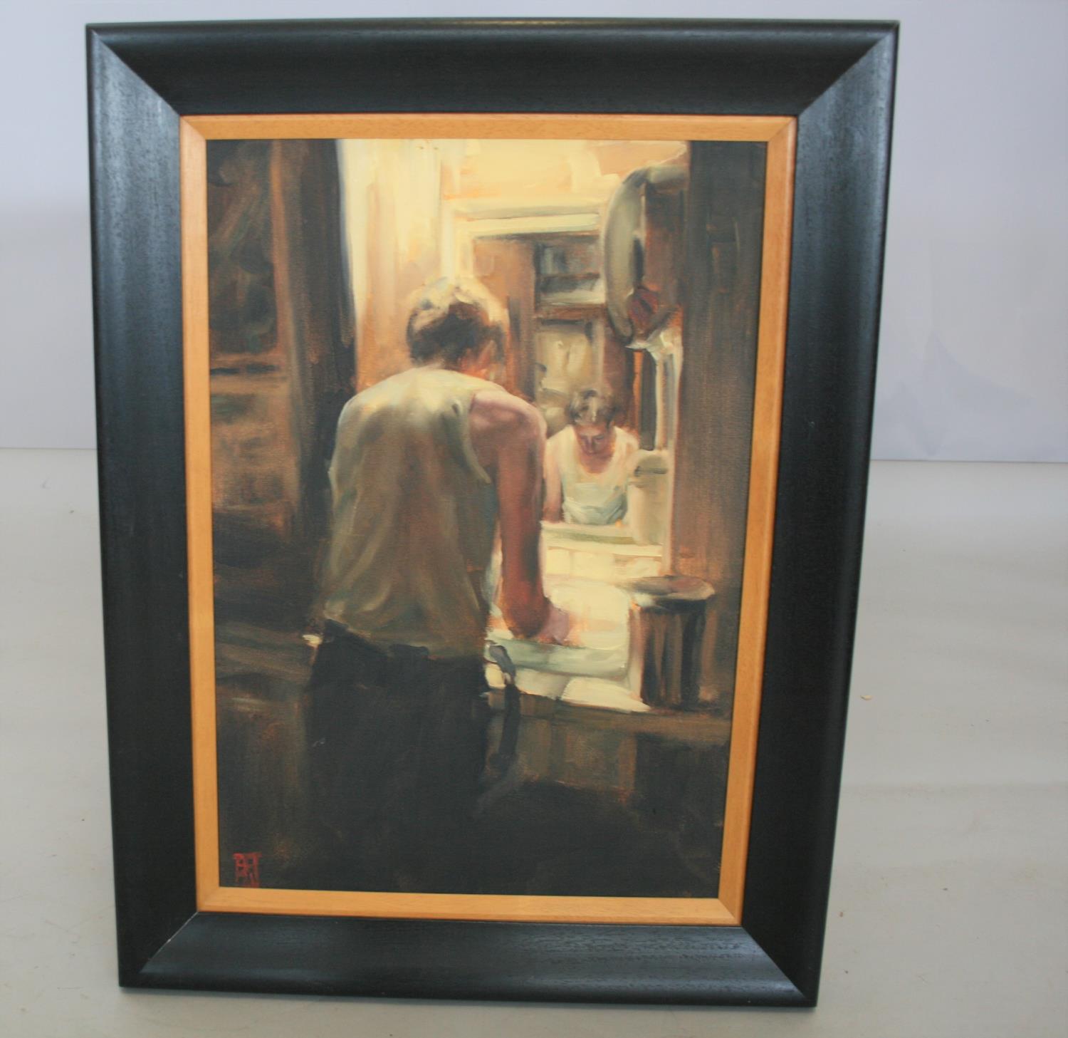 Sasha Hartslief oil on canvas - man at washstand. 44W x 62H