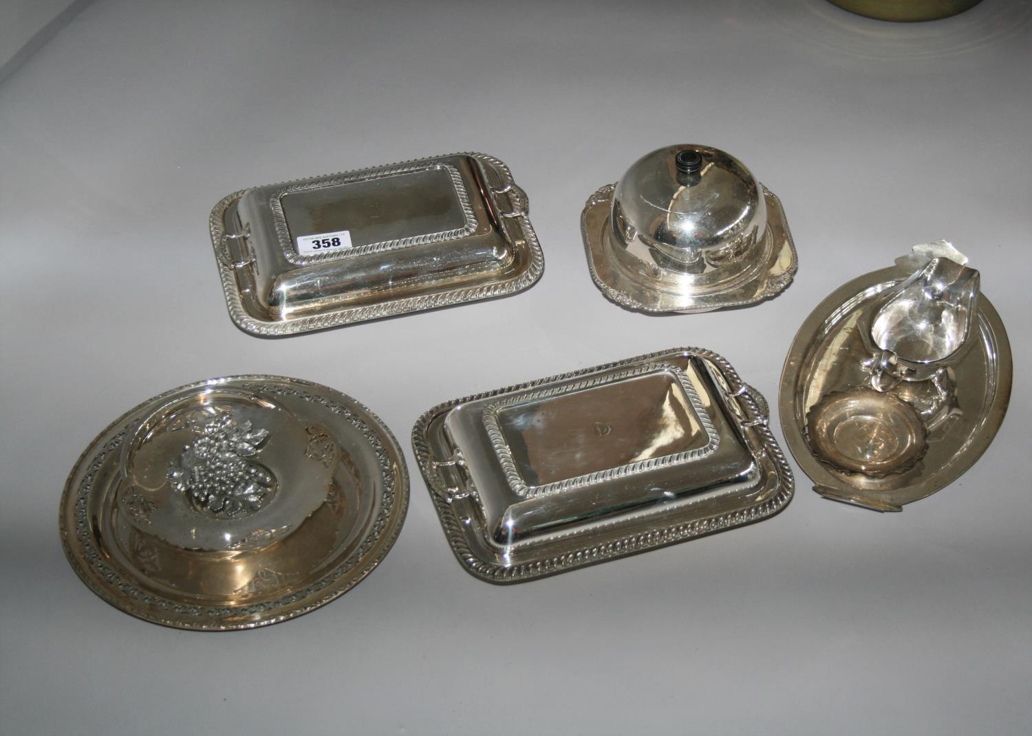 Pair silver plated entree dishes, silver plated muffin dish and other silver plated items.