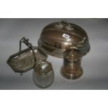 Silver plated meat cover, bottle holder dish and silver plated dish and glass biscuit jar. (4)