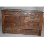 17th Century oak coffer, panel sides bearing the initials MM. 127W x 75H x 56D