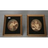 Pair of Edwardian gilt framed prints mounted in black glass. 40W x 50H