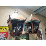 Pair of copper and stain glass pub lanterns.