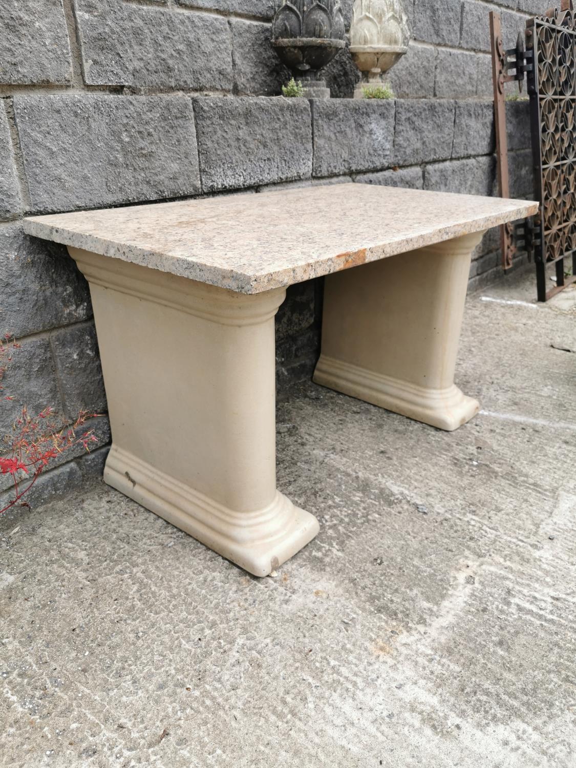 Garden table with stoneware pedestals and marble top. - Image 2 of 2