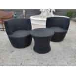 Pair of rattan garden tub chairs and table.