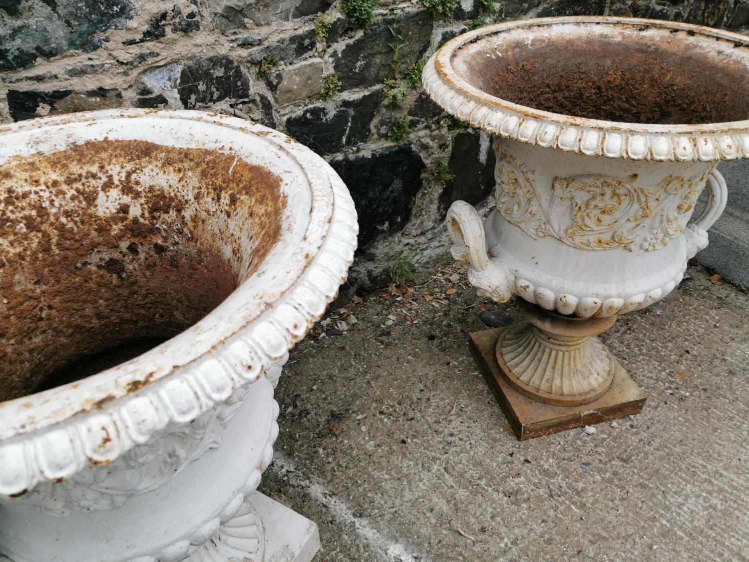 Pair of 19th C. cast iron urns. - Image 3 of 4