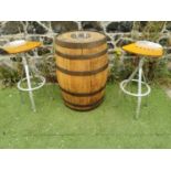 Oak metal bound whiskey barrel table and two stools