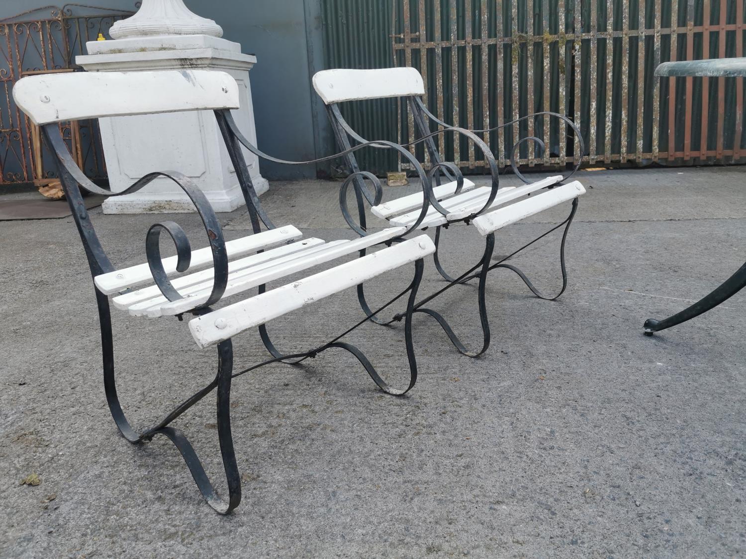 Pair of early 20th C. wrought iron and wooden garden chairs - Image 2 of 2