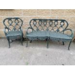 Unusual three seater garden bench and matching chair.