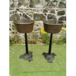 Pair of cast iron planters on circular column bases.