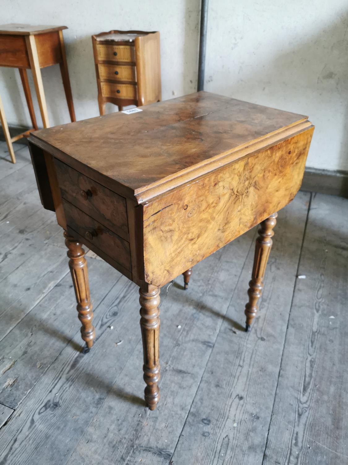 19th C. burr walnut drop leaf lamp table.