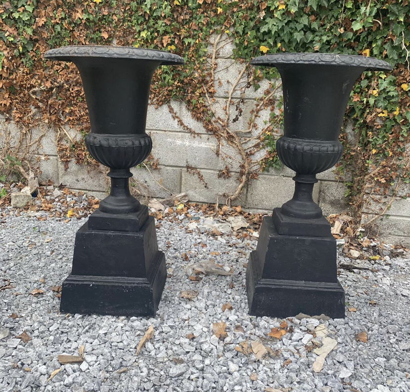 Pair of cast iron urns on bases