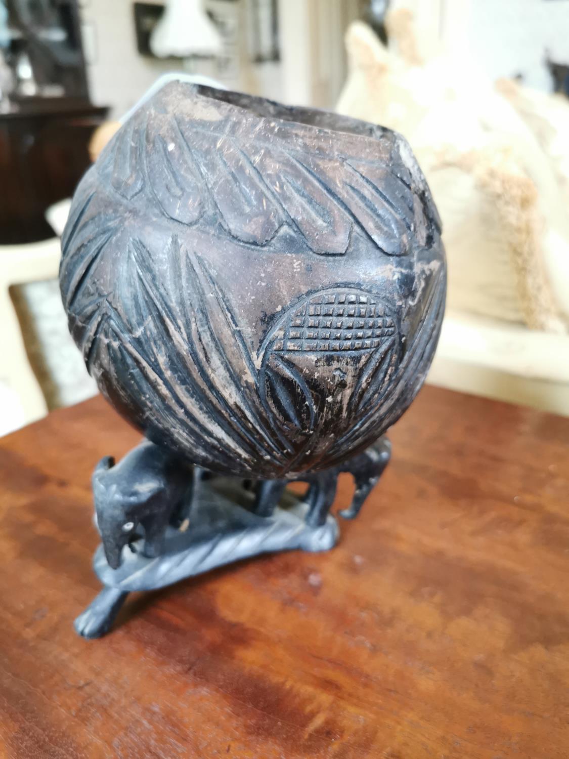 19th C. hand carved hard wood African vase. - Image 2 of 2