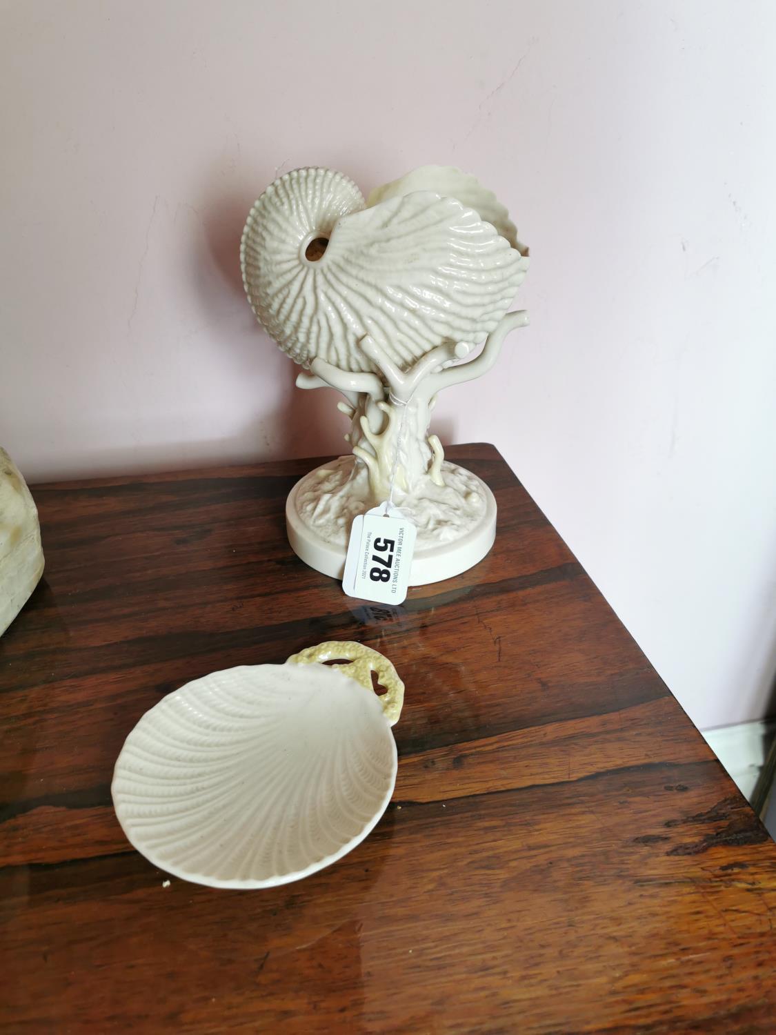 Two Belleek ceramic shell pieces.