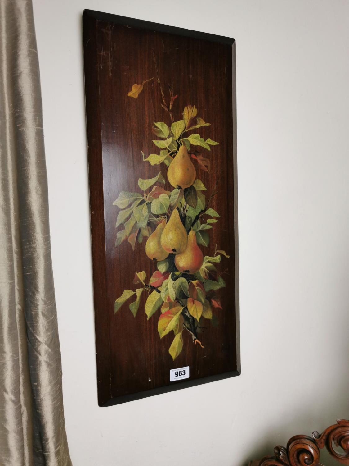 Edwardian hand painted mahogany wall plaque.