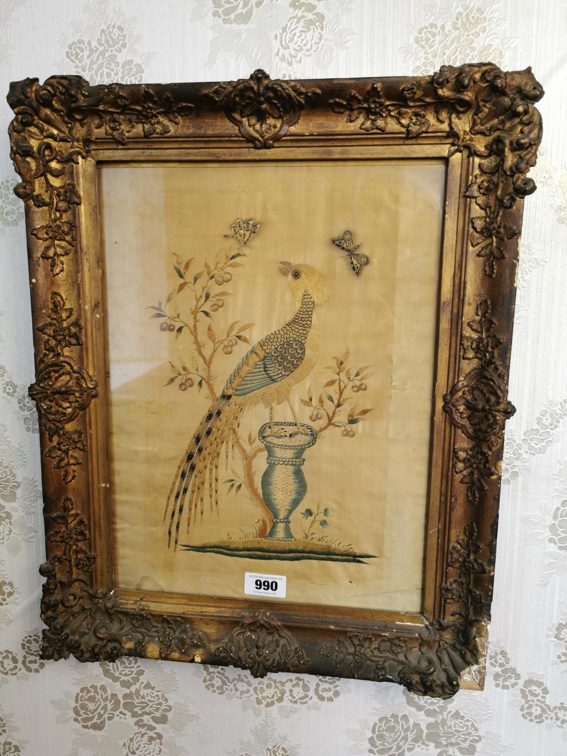 19th C. framed silk tapestry.