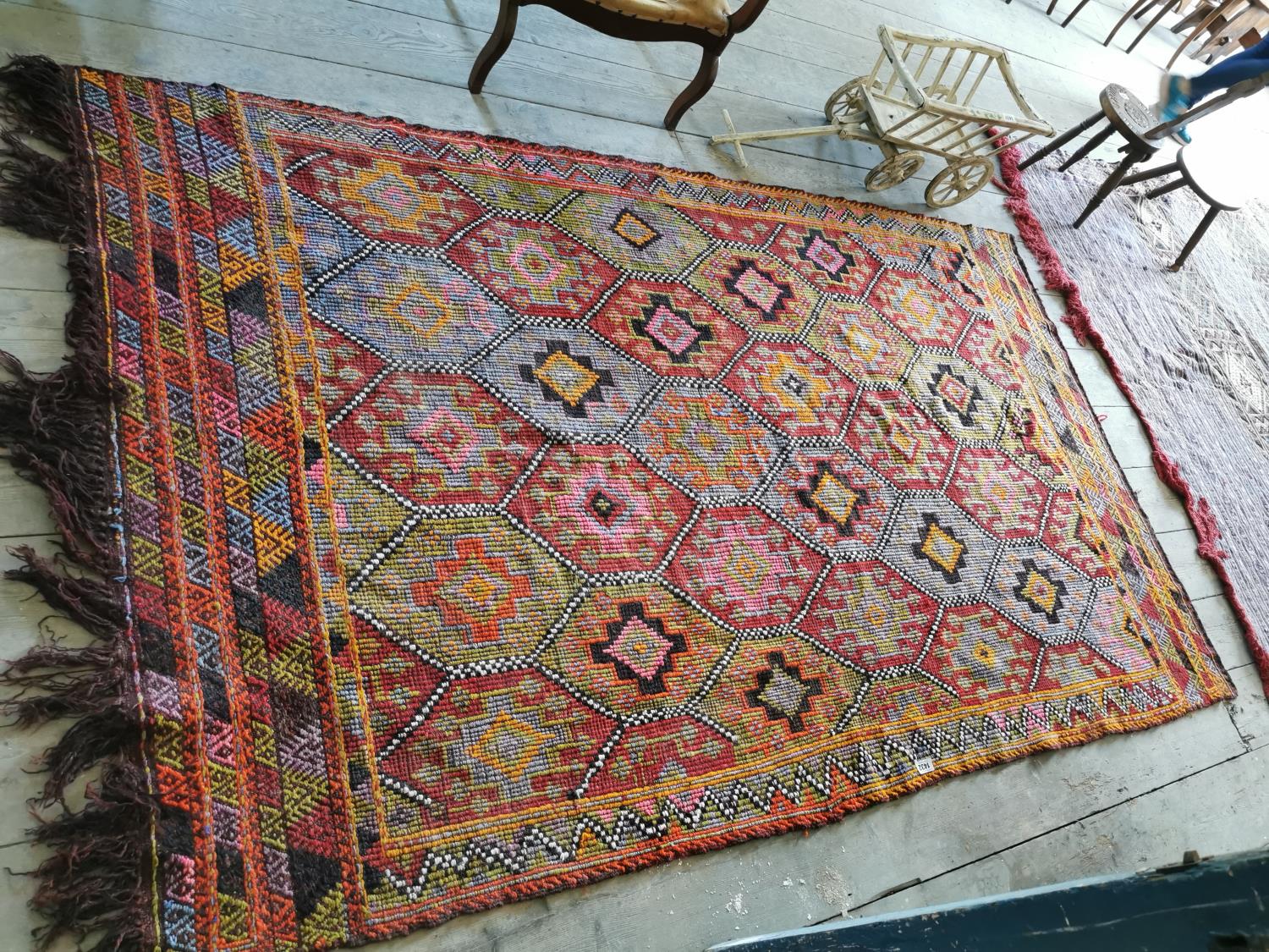 Decorative Oriental Kilim hand knotted carpet square.