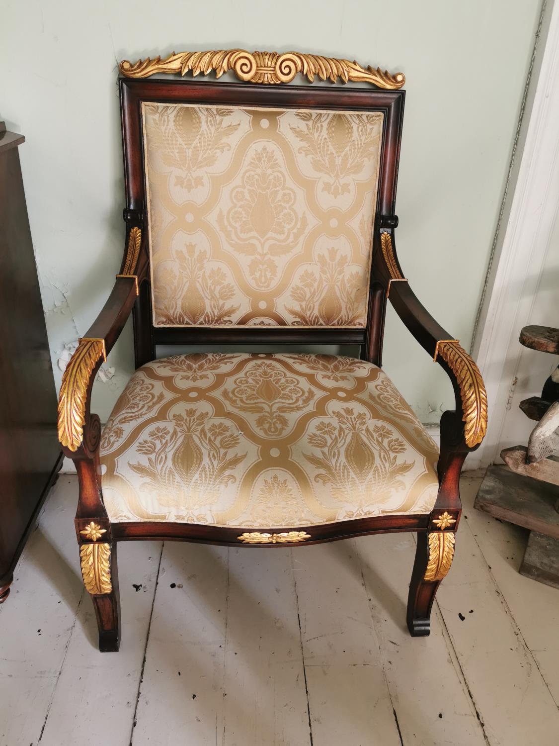 Pair of upholstered gilded mahogany open armchairs - Image 2 of 3