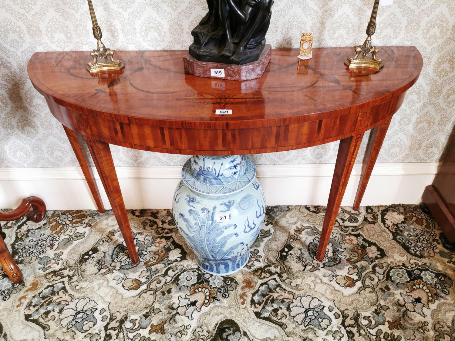 Good quality pair of inlaid satinwood demi - lune tables