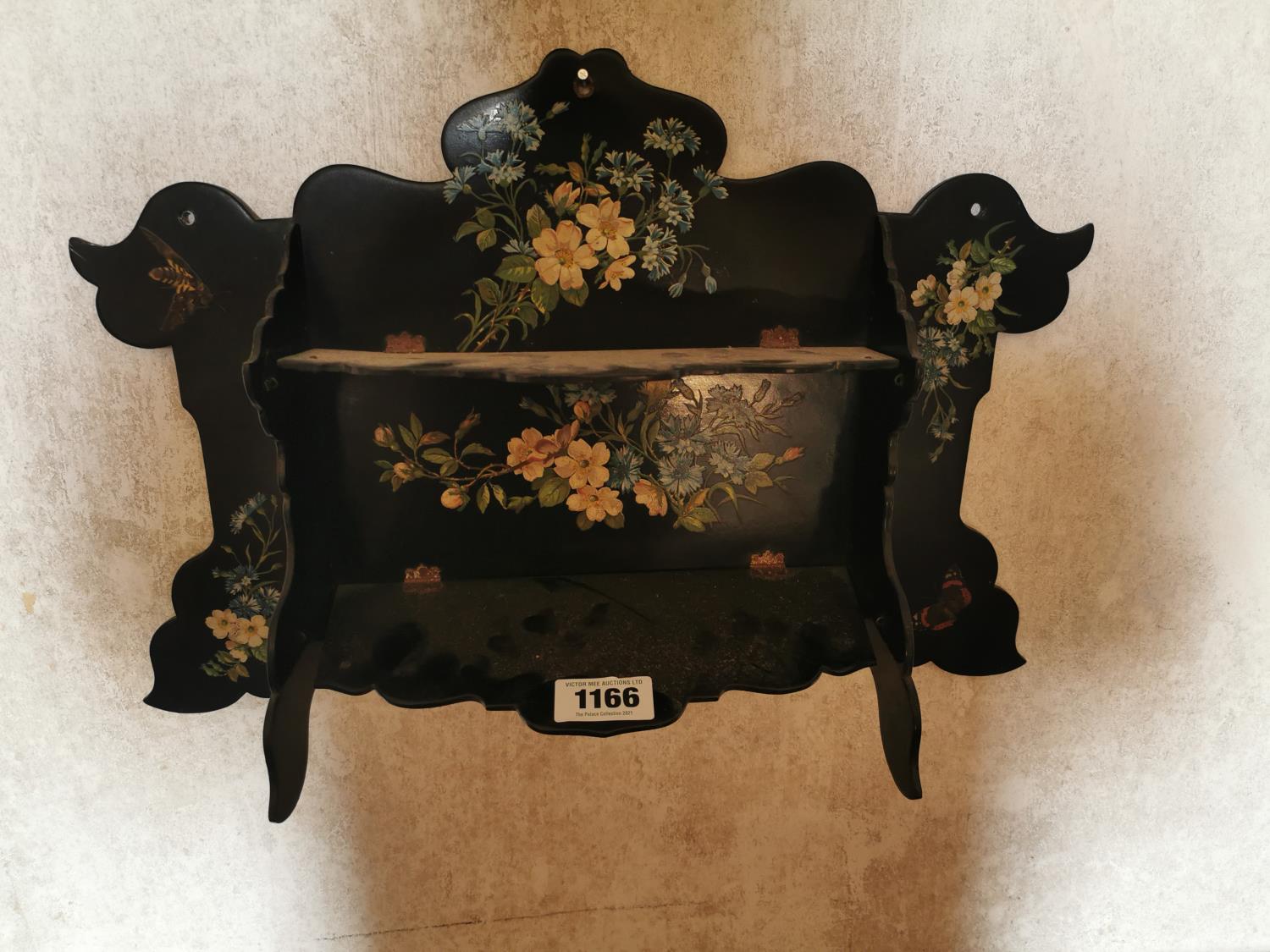 Early 20th C. ebonised hand painted wall shelves.