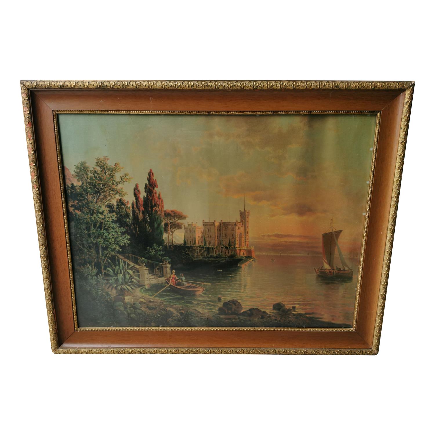 Early 20th C. framed coloured print Castle scene.