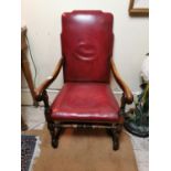 19th. C. leather upholstered oak open arm side chair