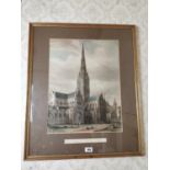 19th C. framed coloured print of Salisbury Cathedral