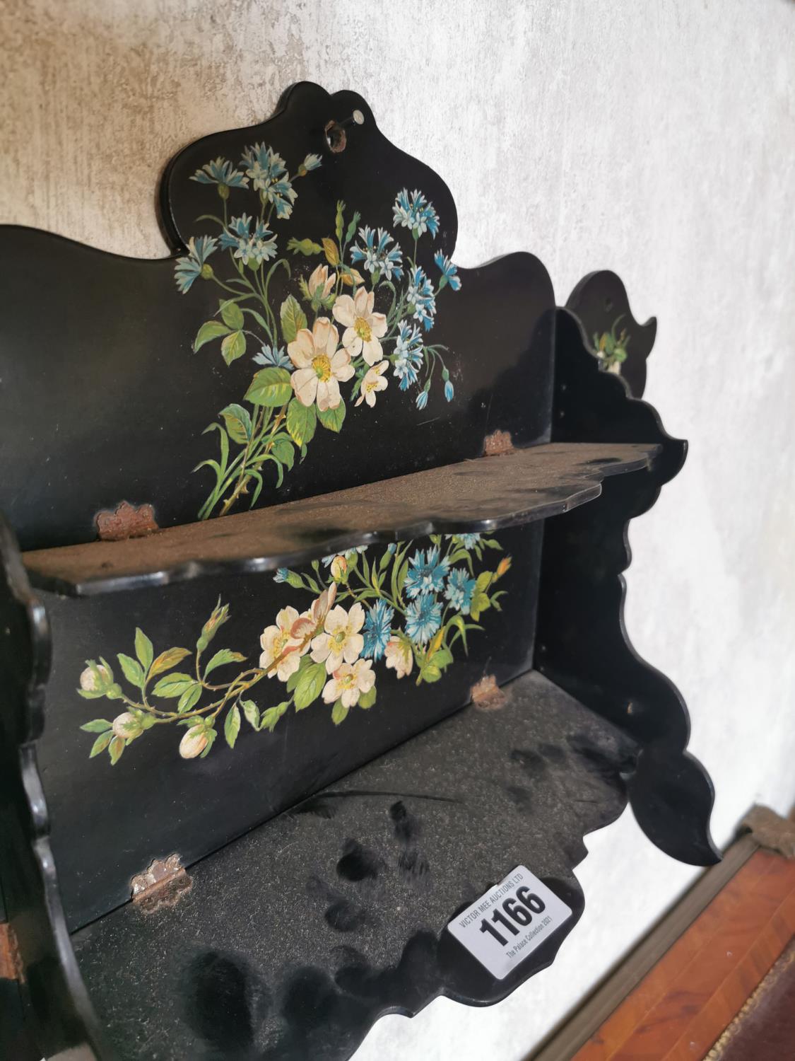 Early 20th C. ebonised hand painted wall shelves. - Image 2 of 2