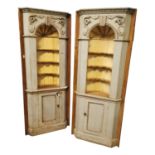 Pair of decorative painted pine corner cupboards