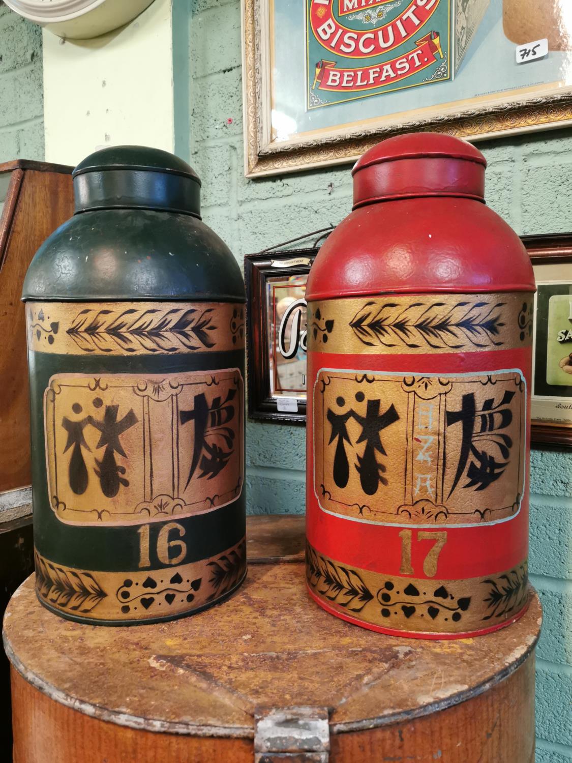 Two hand painted metal tea bins