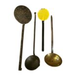 Brass and metal ladle and two long handle metal colander's