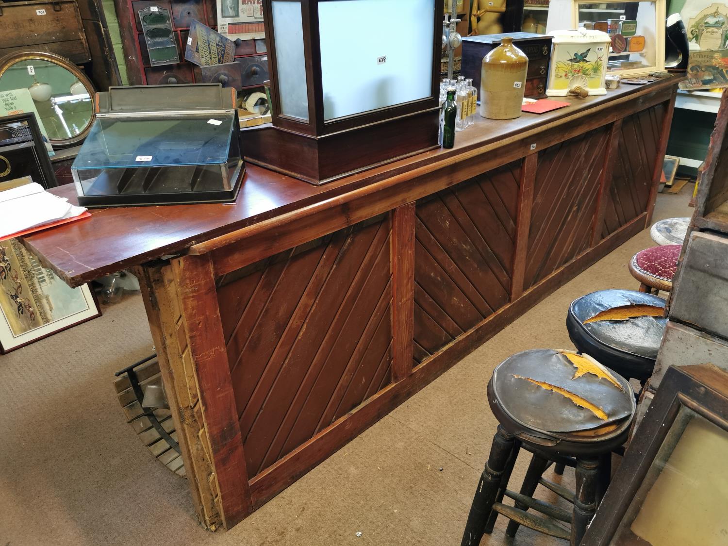 19th C. pine and mahogany shop counter.